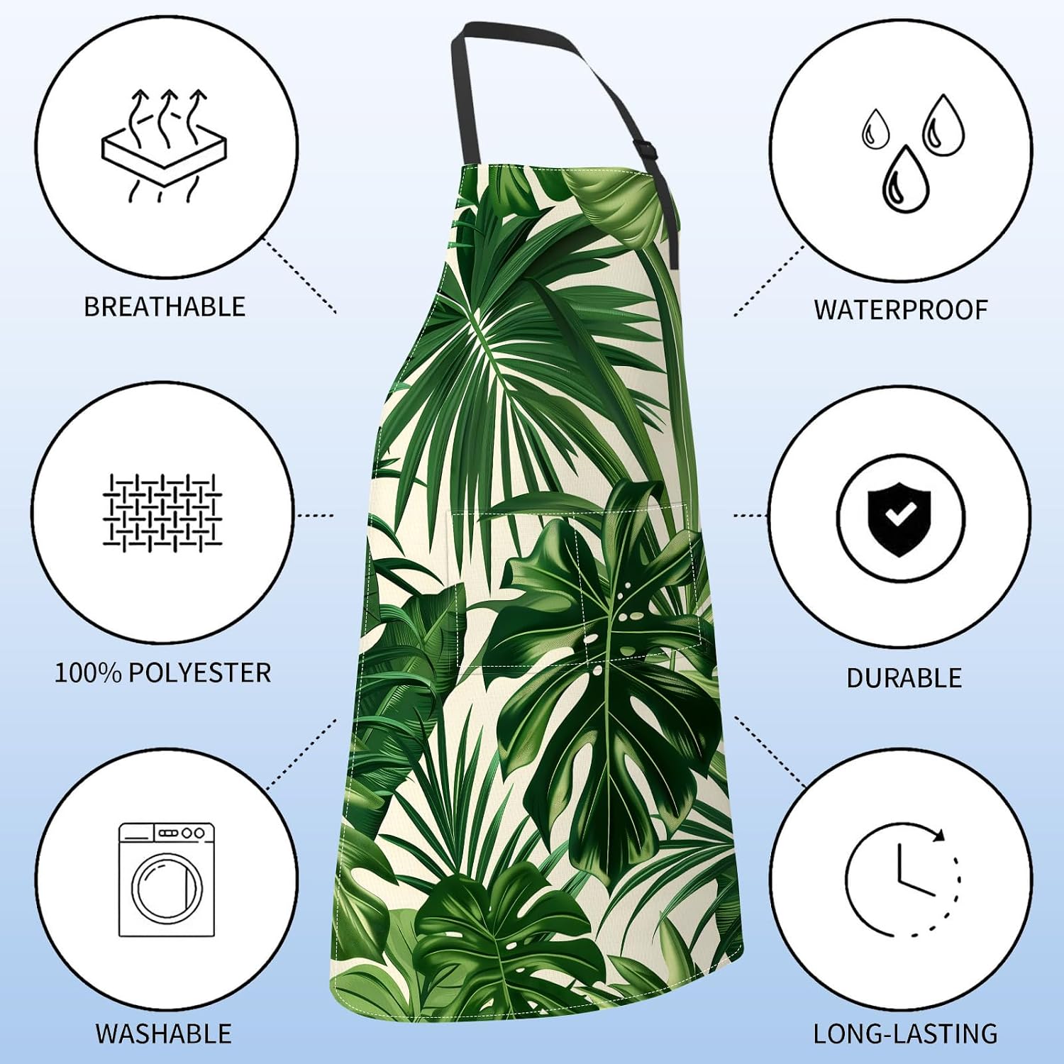 Tropical Leaf Apron for Women,28x33in, Vibrant Green Monstera Kitchen Aprons with 2 Pockets,Oxford Fabric,Palm Adjustable Apron for Cooking Baking Gardening Chef,Gifts for Mom Wife