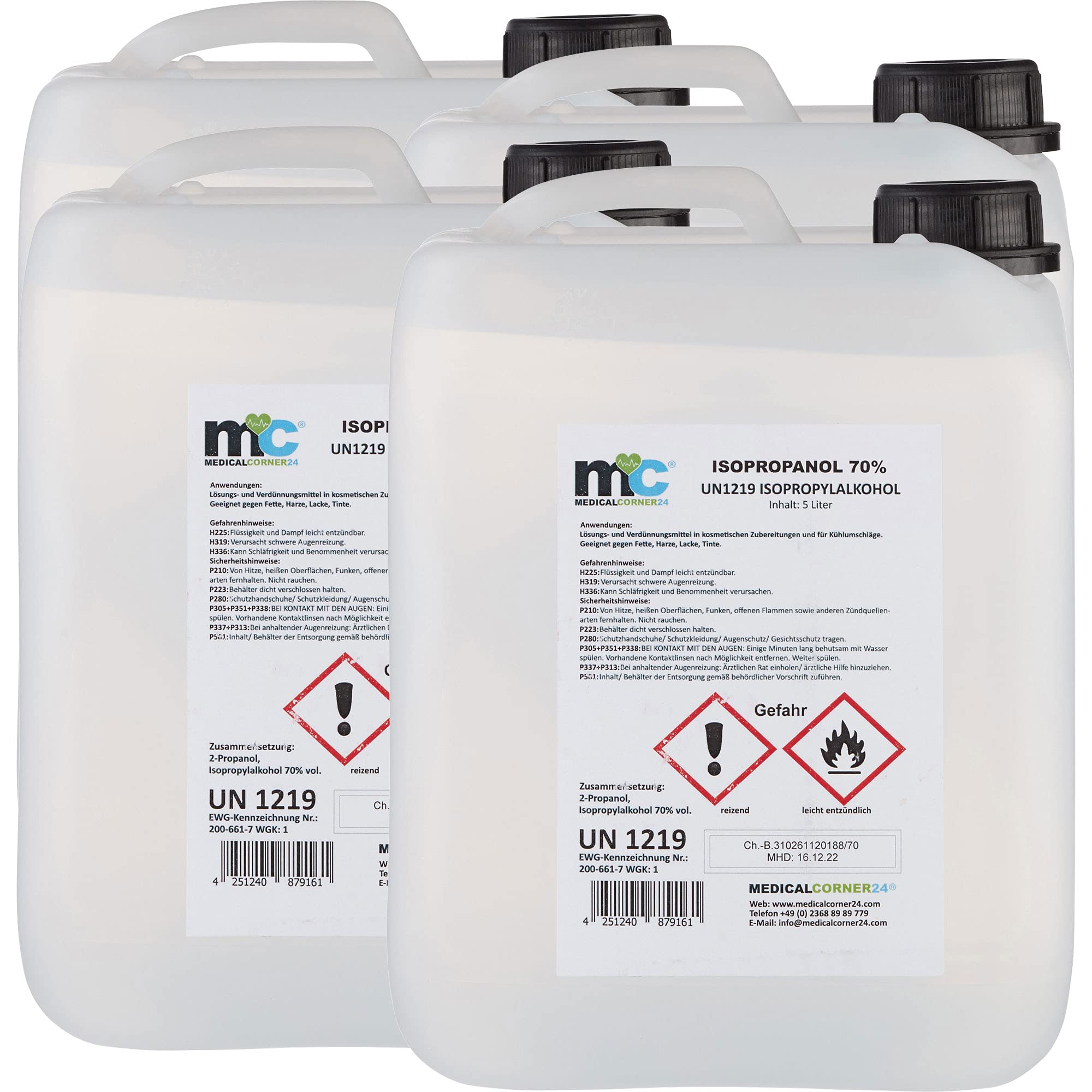 Medicalcorner24 Isopropanol 70% isopropylalkohol Garrafa de 4 x 5 l, Alcohol