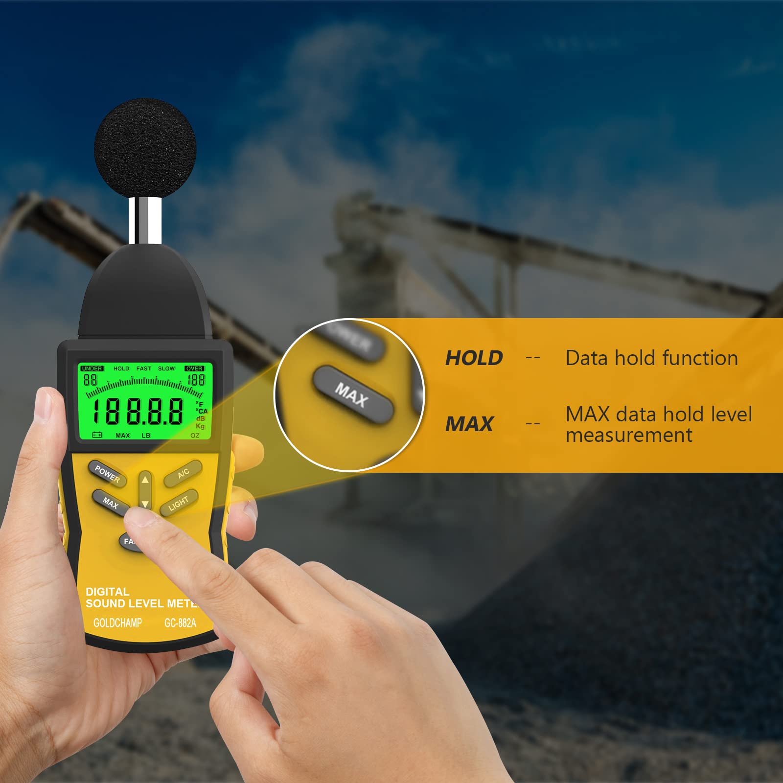 Testeur de décibels, niveau sonore 882A portable 30-130 dB avec écran LCD à 5 chiffres, testeur de bruit dBA/DBC, sélection rapide/lente pour le contrôle de la qualité du son, jaune