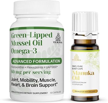 TURNER New Zealand Omega-3 Green Lipped Mussel Oil, 53x Higher Potency for Superior Joint Comfort & Mobility, No Fishy Aftertaste, 1 Bottle, 60 Softgels Plus 1 Bottle of Manuka Oil