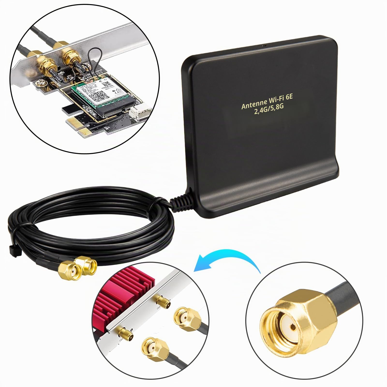 Antenne WiFi 6E MIMO Tri-Bande 2.4 GHz 5 GHz 6 GHz avec Base Magnétique Antenne WiFi 8 dBi Câble RP-SMA 2M pour Cartes Mères PCIe/PCI, PC de Bureaux Caméras de Sécurité Points d'Accès Sans Fil
