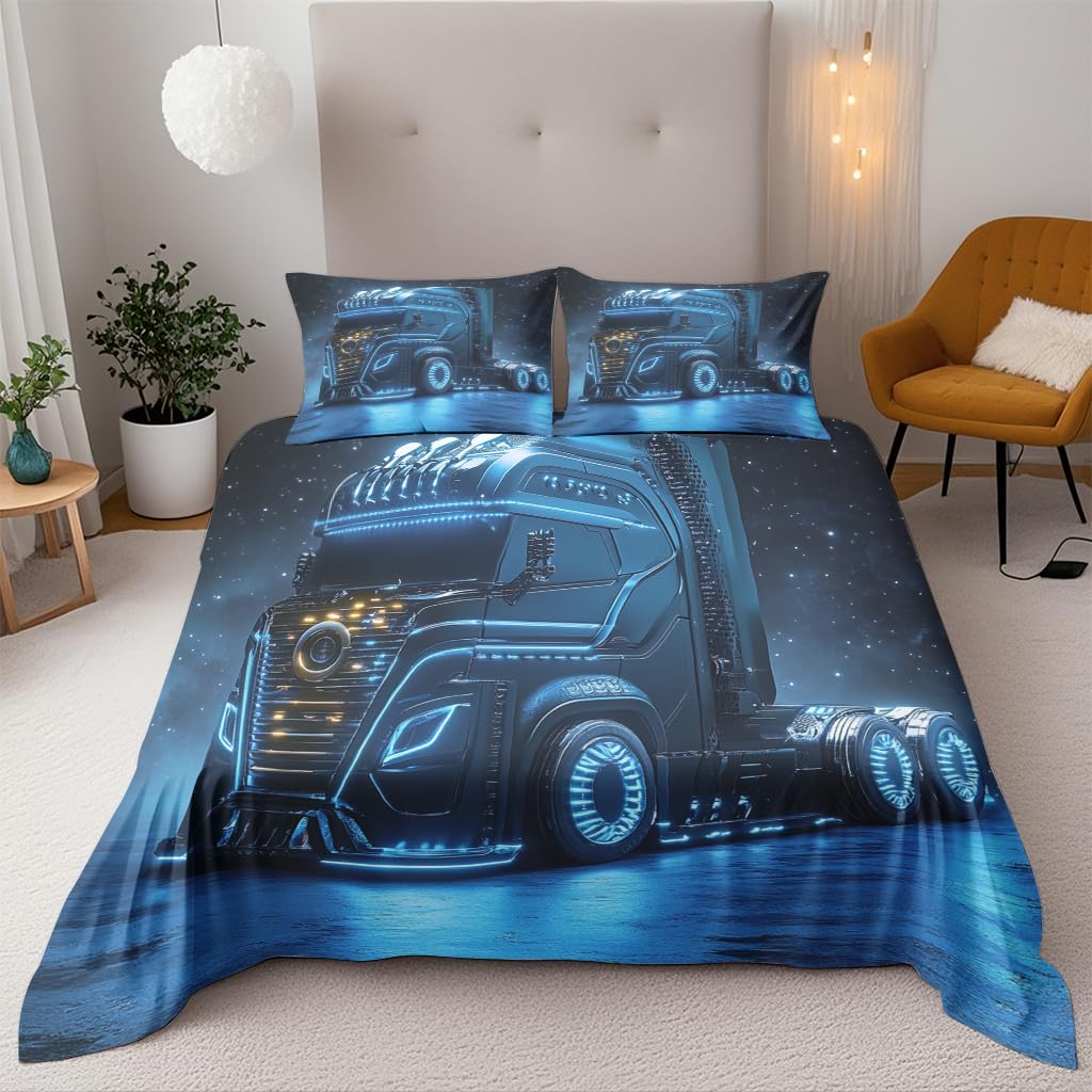 Générique Camion Bleu Housse De Couette 140X 200 Cm Impression Microfibre Parure De Lit 3D Enfant Adulte 1 Personnes avec Fermeture 2 Taie d'oreiller 65X65 Cm