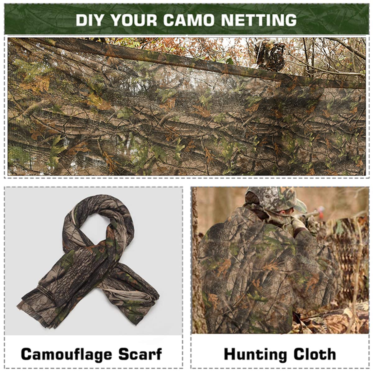 Camo Netting Camouflage Netting, Hunting Blind Netting Quiet Camo Mesh Netting Lightweight & Durable Burlap Camo Blind Fabric for Concealment, Tree Stand, Sunshade, Decoration,Cover