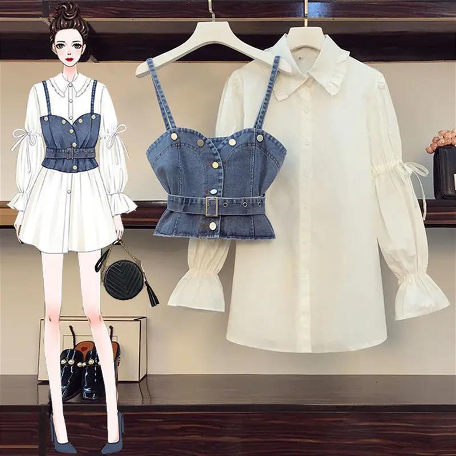 Camicia da donna con risvolto con volant e risvolto primaverile, set di due pezzi, gilet e camicetta con coulisse
