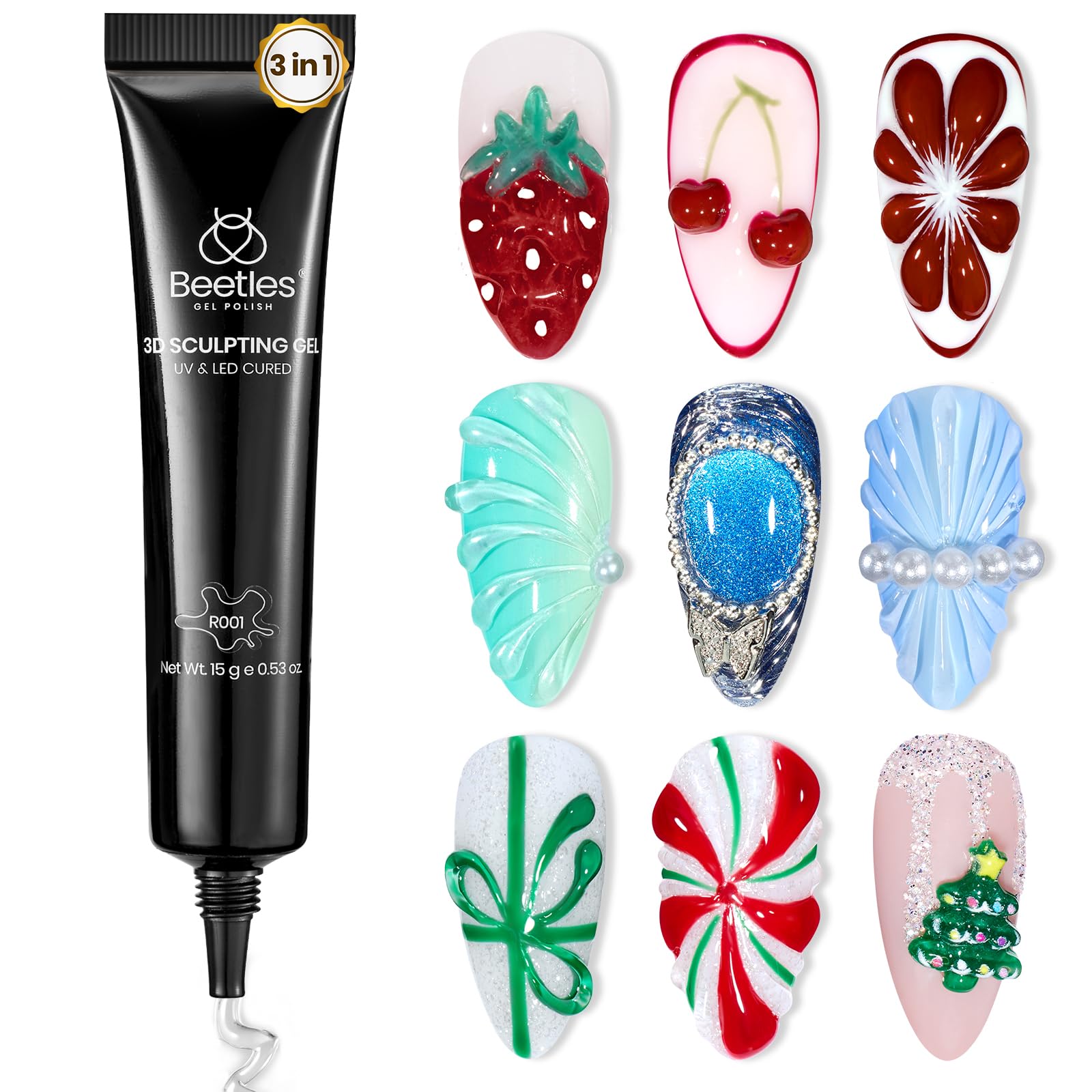 Beetles 3D Gel Nail Art, 1Pcs 15ml Sculpting Gel 3 in 1 Clear No Wipe Nail Polish Rhinestone Art Glue for Nail Gems Diamond Jewelry U V LED Lamp Needed DIY Home Salon Christmas Nails Gifts for Women