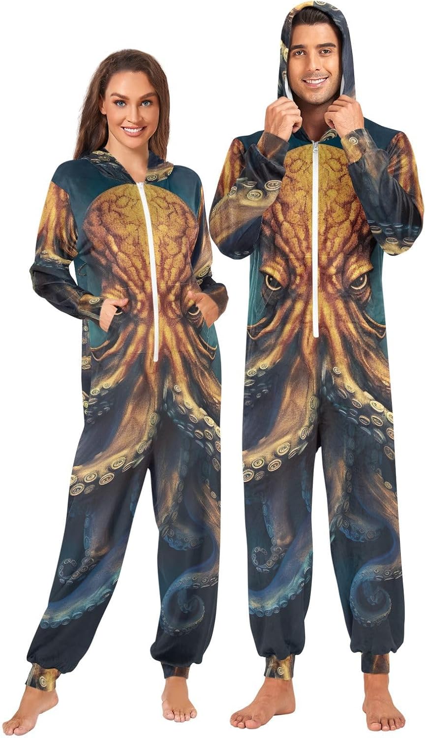 GAIREG Angry Marine Life Adult Womens Hooded Onesie, Adult Christmas Onesie