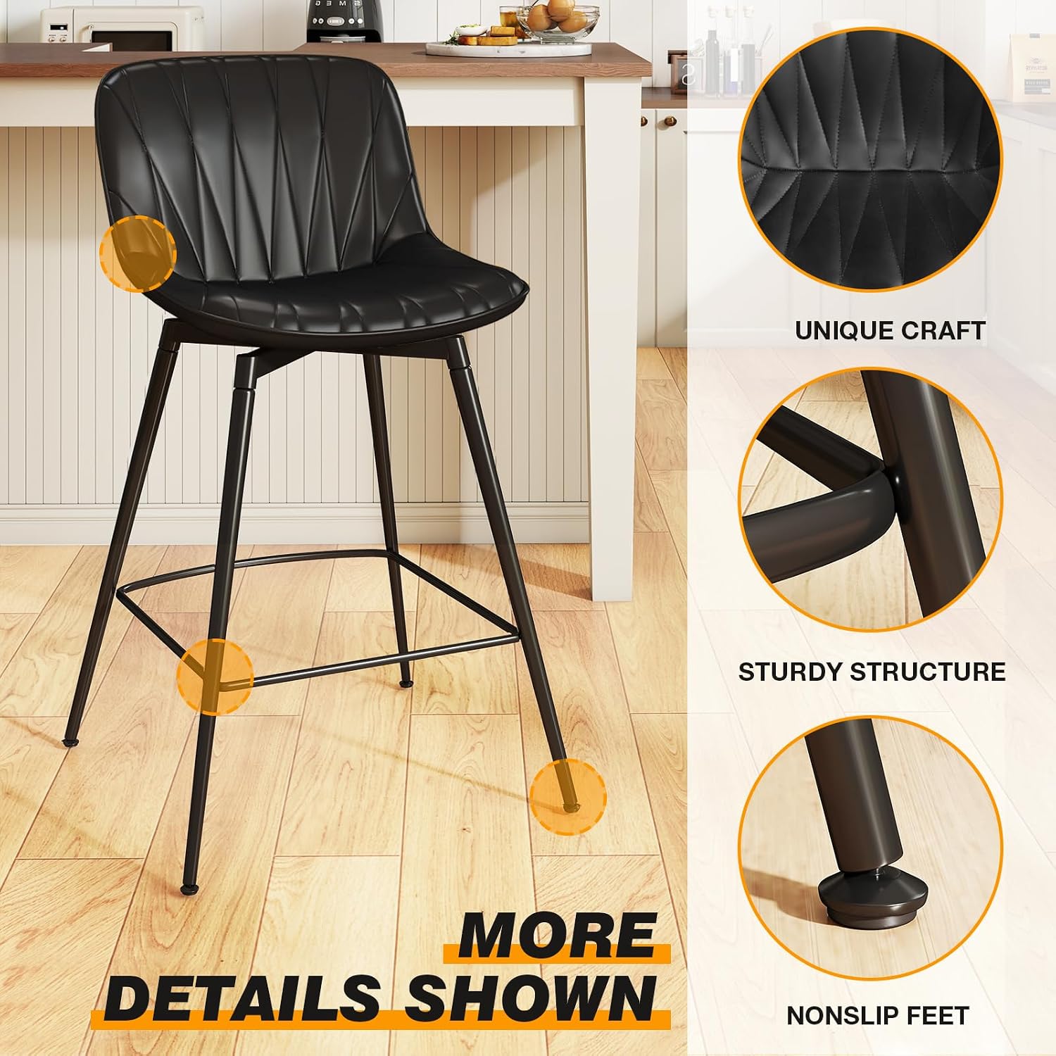 5Rcom Barstools Set of 3, 28inch Counter Height Bar Stool with Back, Swivel Modern Faux Leather Barstools with Metal Legs Hold up to 500LBS, Bar Chairs for Kitchen Island, Dining Room and Bar, Black