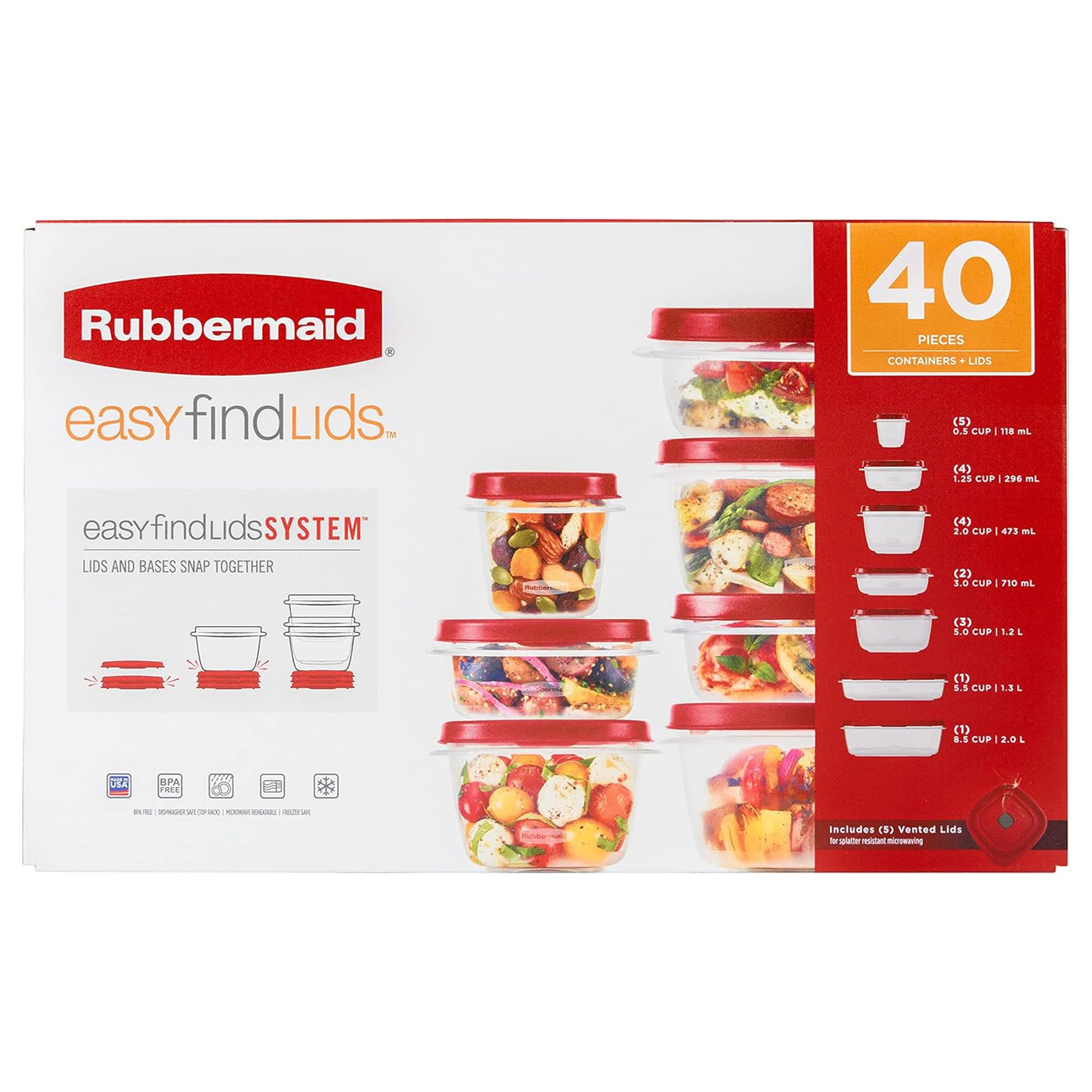 Rubbermaid 42 recipientes de almacenamiento de alimentos con tapas | Organización de cocina apilable de plástico transparente con cubierta ventilada para microondas