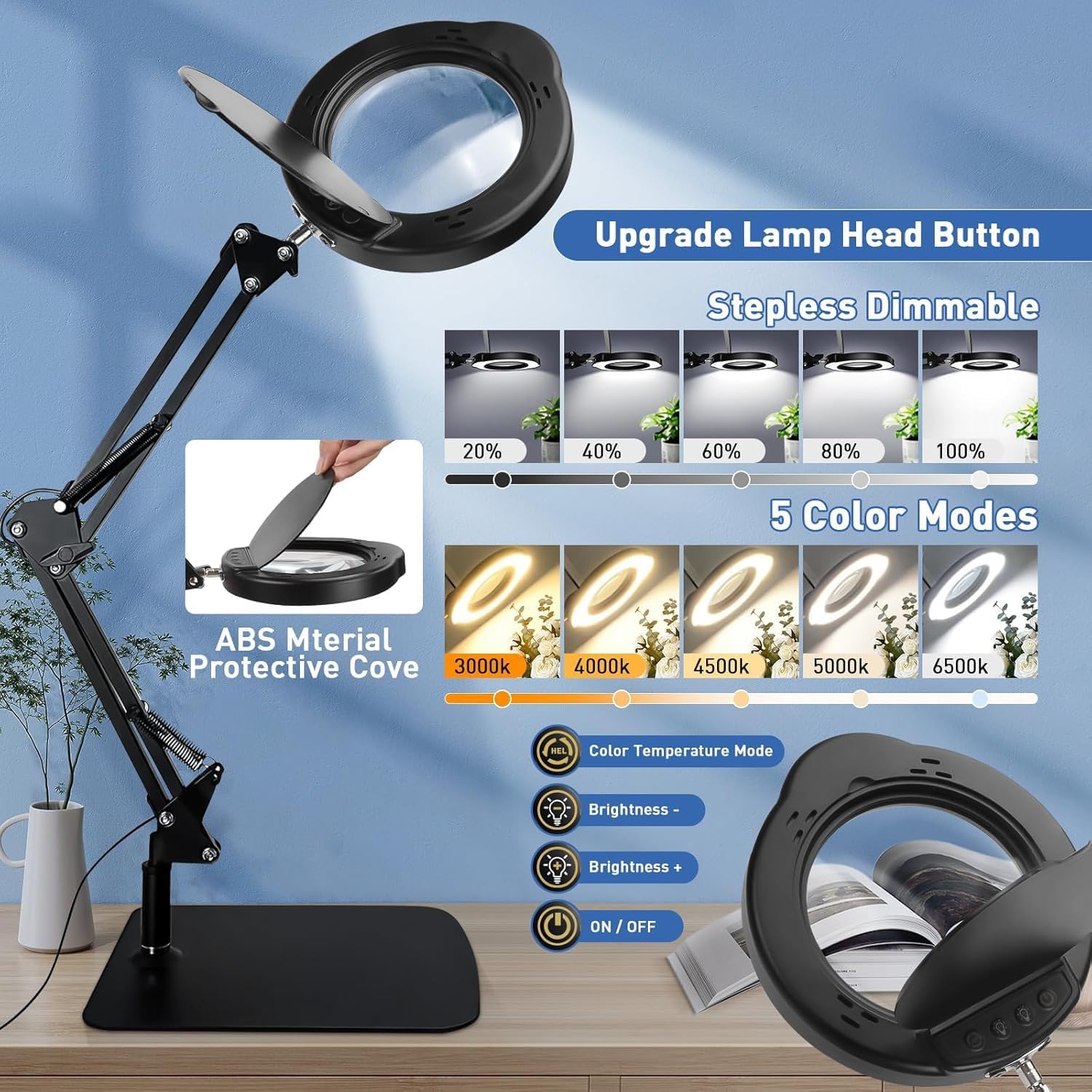 15X Desk Magnifying Glass with Light and Stand,Real Glass EyeCare LED Lighted Magnifier,5 Color Modes Stepless Dimmable,Hands Free 2-in-1 Desk Lamp for Craft Reading Painting Hobby Close Work