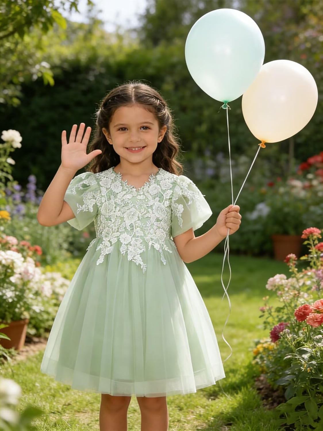 Lace Applique Flower Girl Dress for Wedding Bow Knot Tulle Short Sleeves Knee-Length V-Back Tutu Ball Gowns - Image 3