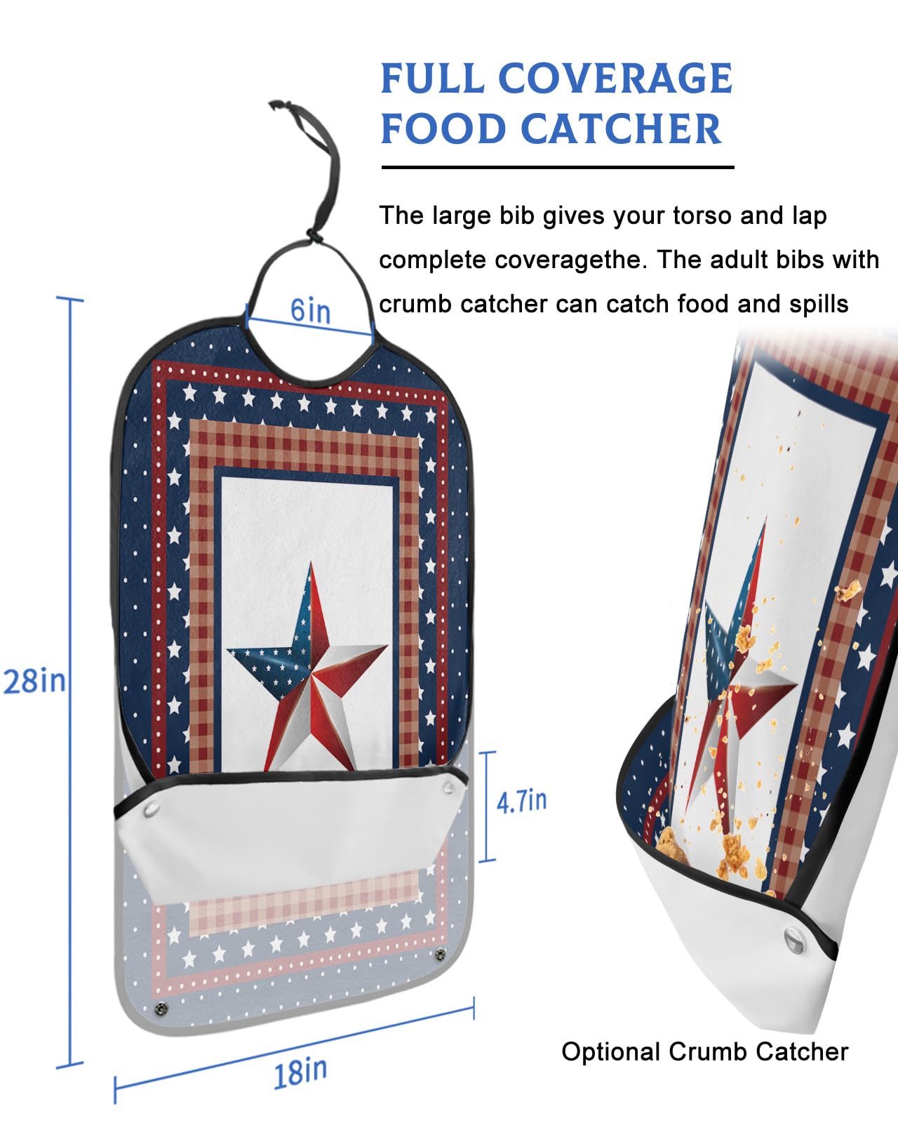 4th of July Adult Bibs for Eating, Waterproof Bibs with Food Catcher & Adjustable Snap Closure, Patriot Independence Day Polka Dot Star Washable Clothing Protectors Adult Bibs for Elderly Women/Men