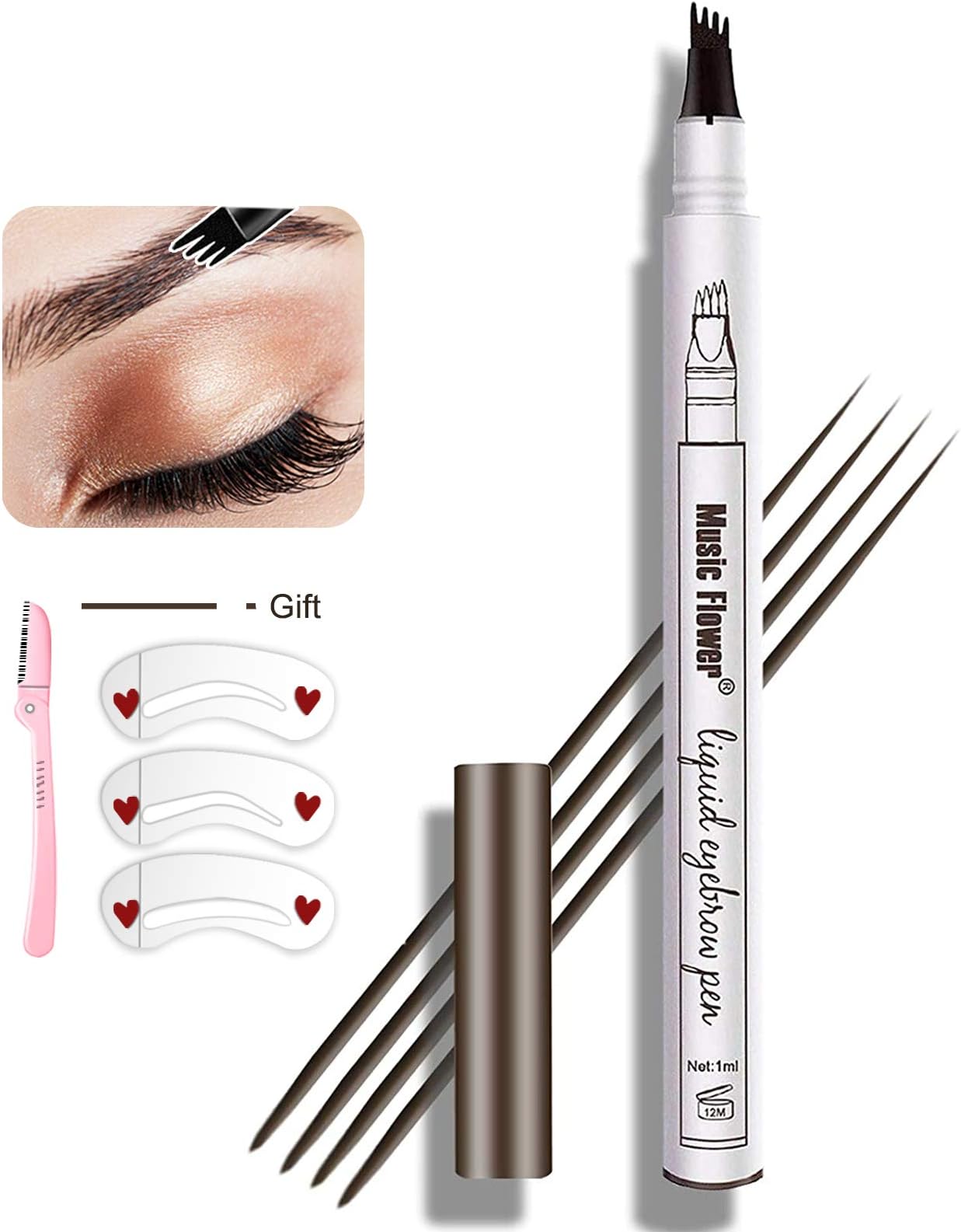 Eyebrow Pen,MoonKong 4 Point Eyebrow Pencil Waterproof Eye Brown Makeup,Eyebrow Kits with 3 Eyebrow Stencil,1 Brow Razor(3# Dark Grey)