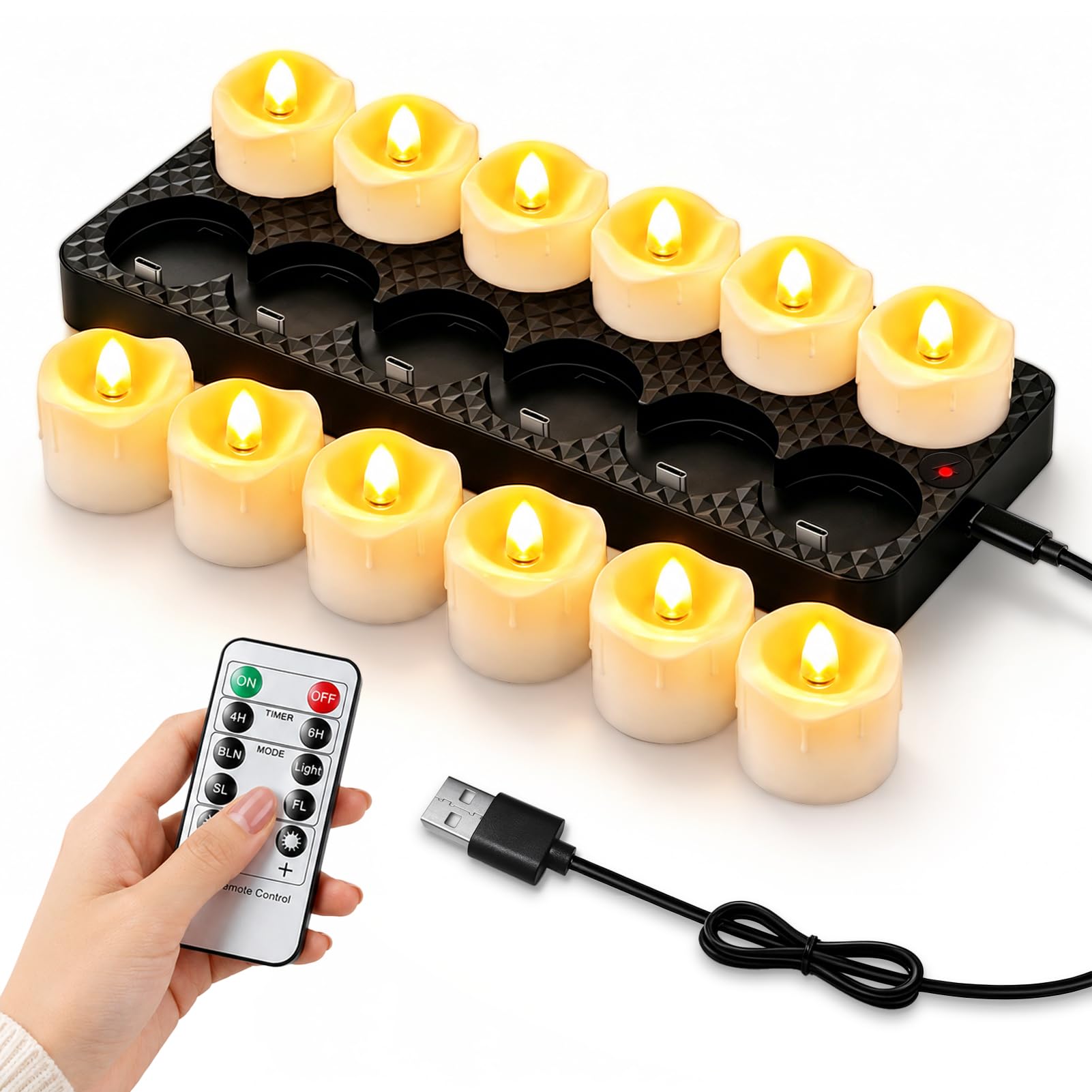 Rechargeable Tea Lights Candles, 12 Pack Flameless LED Tealights with Charging Base and Remote Control, Battery Electric Candles for Festival, Home, Wedding Decor
