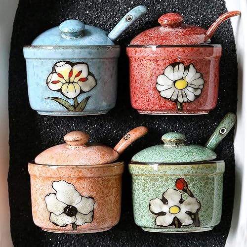 Miniatura 6 de 123Arts Cerámica Retro Flor Azúcar Sal Pimienta Tarro de Almacenamiento de Condimentos con Tapa Y Cuchara