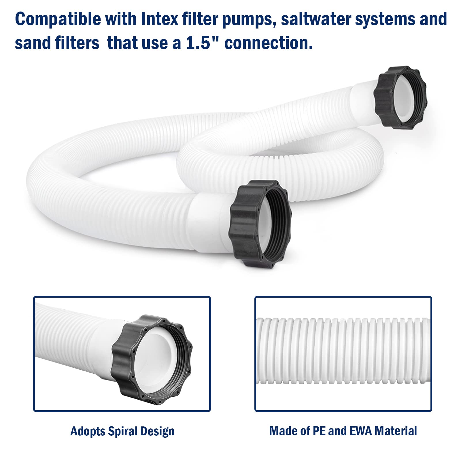 1.5" Pool Pump Hose Replacement for Intex Filter Pumps & Saltwater Systems 59" Long - 2 Pack