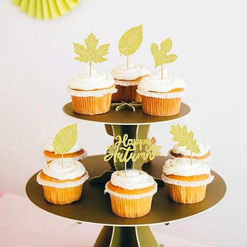 Miniatura 4 de Ercadio Paquete de 30 adornos para cupcakes con hojas de arce de otoño, purpurina dorada, hojas de arce de otoño, cosecha de otoño, temática de