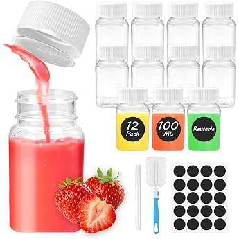 Pack of 12 Small Bottles for Filling 100 ml Empty Plastic Bottles Reusable Plastic Smoothie Juice Bottles with Lids Includes Sticker for Ginger Shots Juice and Milk