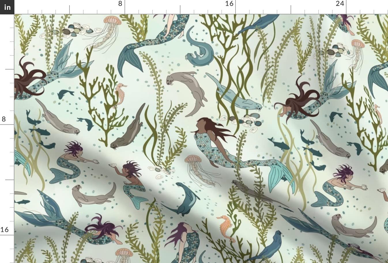 Spoonflower Fabric - Mermaids Otters Otter World Sea Undersea Fern Shower Turquoise Ocean Printed on Upholstery Velvet Fabric Fat Quarter - Upholstery Home Decor Bottomweight Apparel