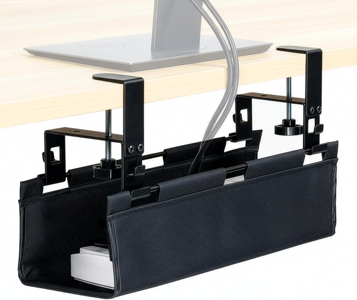 Clamp-on Under Desk 16 inch Fabric Cable Management Tray, Wire Concealer, Power Strip Storage, Workspace Organization, Easy Fold Down Access, Black, DESK-AC16F-C