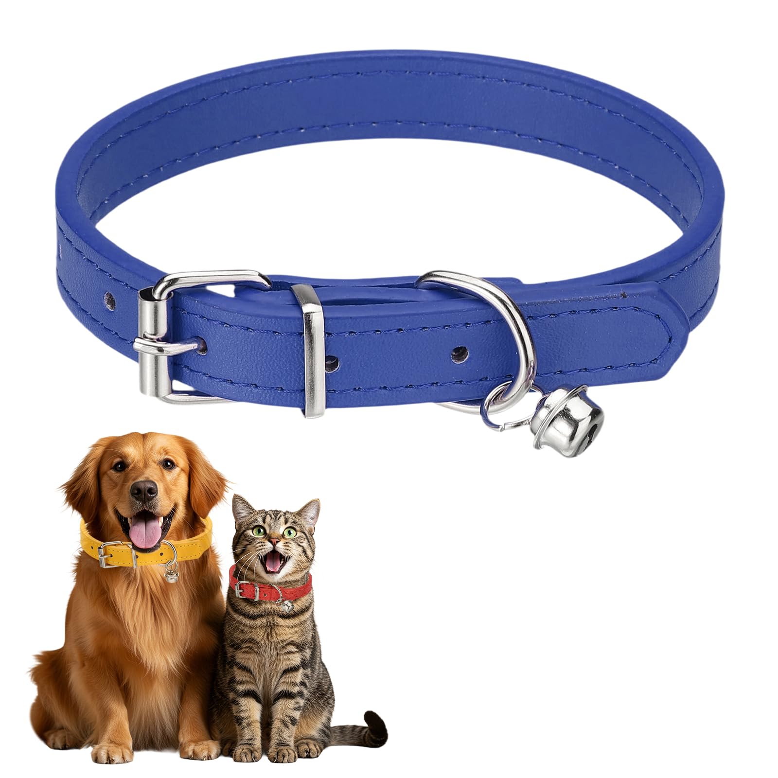 sourcing map Dog Collar with Bell, Pu Leather Cat Collars Pet Basic Soft Padded Adjustable Buckle, 14.5" (Navy, 1 Pcs), Intended for Teacup/Little Dog/Kitten Cats/Small Animals