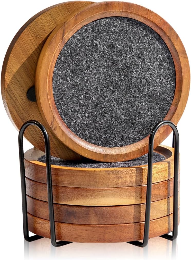 Acacia Wood Coasters for Drinks, HALE OTEIR 4.13 Inch Felt Wooden Coasters for Coffee Table Absorbent Set of 6 with Holder, Natural Wood Stackable Reusable Coasters for Home Office Coffee Bar Table