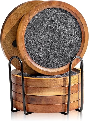 Posavasos de madera de acacia para bebidas, 4.13 pulgadas, de fieltro de madera para mesa auxiliar, juego de 6 con soporte, posavasos apilables de