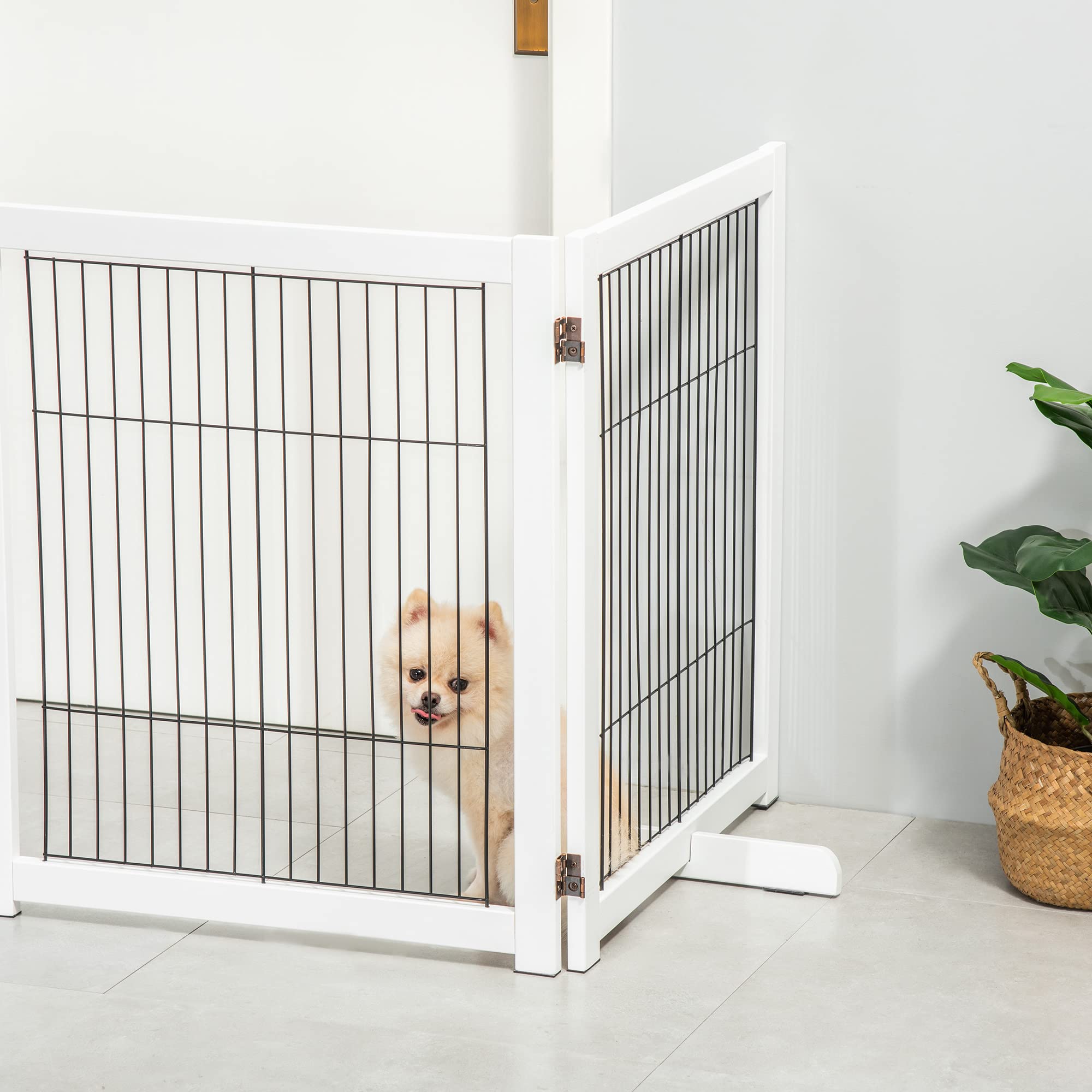 PawHut Barrera de Seguridad Plegable para Perros Madera Rejilla de Protección de 4 Paneles para Mascotas con Patas para Puertas Escaleras Pasillos 264x35,5x77 cm Blanco