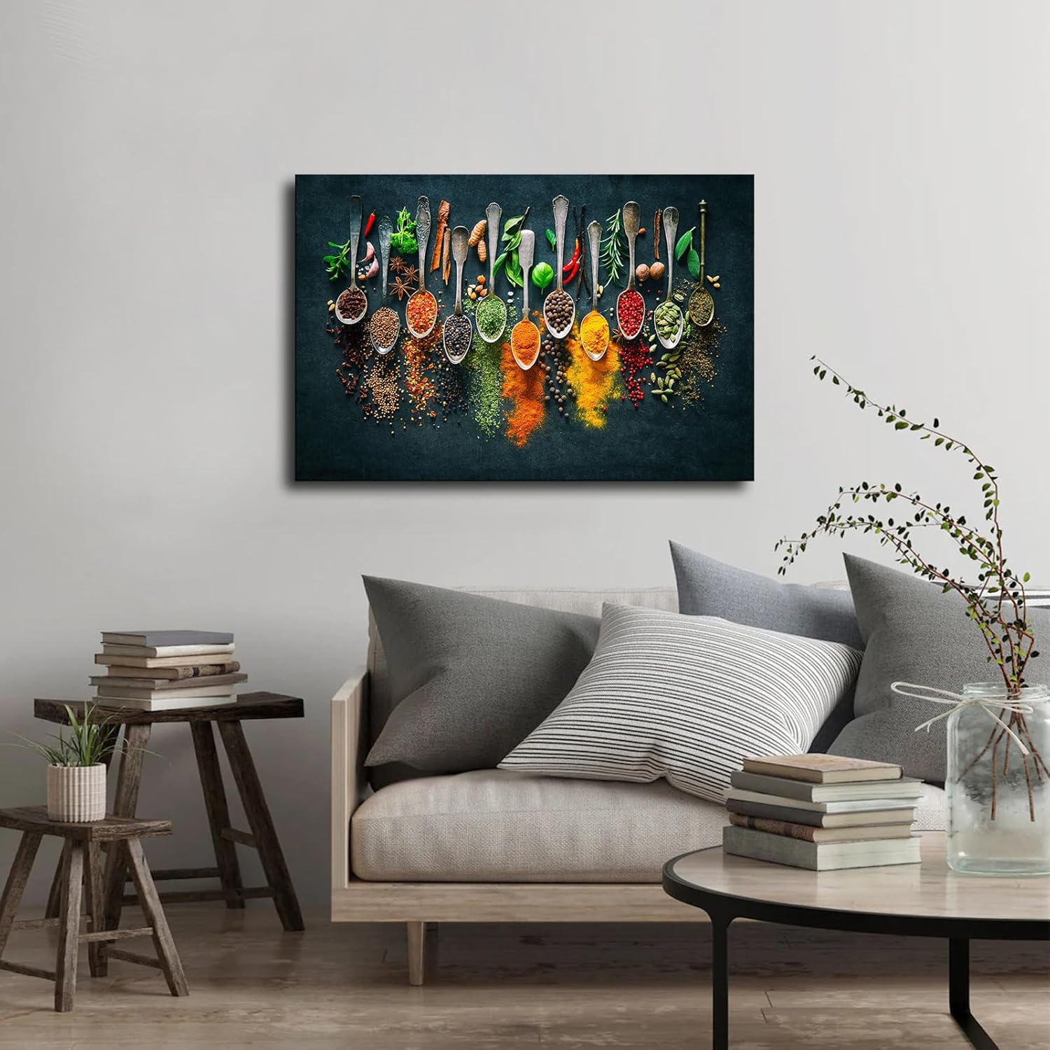 Kitchen Pictures Herbs and Spices Chili Spoons Food Poster Canvas Print HD Photo Wall Art Home Living Room Bedroom Cafe Office Modern Background Decoration (12x18inch Framed)