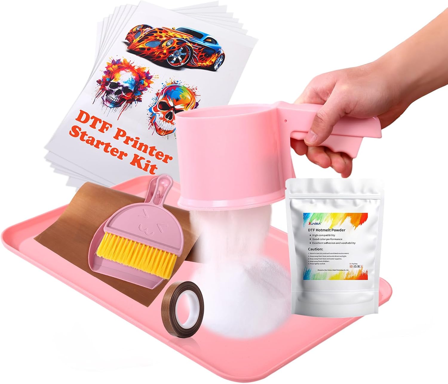 SUNIKA T-Shirt Printer Starter Kit, DTF Printer Starter Bundle for Beginners,1000g/35.3oz Hot Melt Powder with Plastic Spreader, 10Pcs Transfer Film, Heat Resistant Tape and Teflon Sheet, Easy to Use