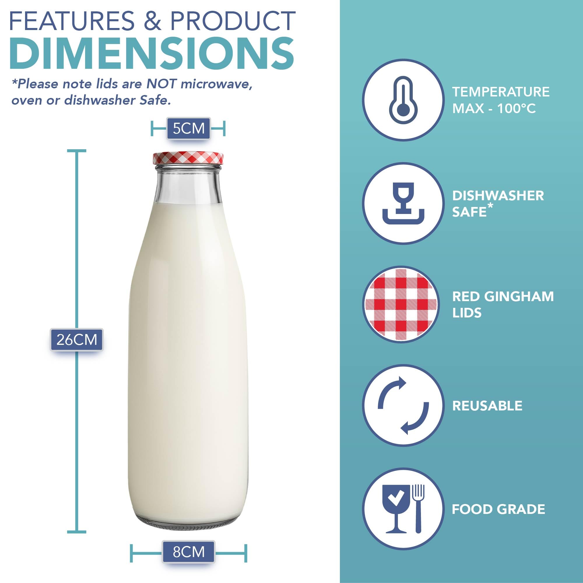 HEFTMAN Bottiglie per latte in vetro con coperchio, vuote, 1 litro, bottiglia per latte in vetro ermetica con coperchio rosso in Gingham, per bevande, liquidi e decorazioni, bottiglie per succhi in