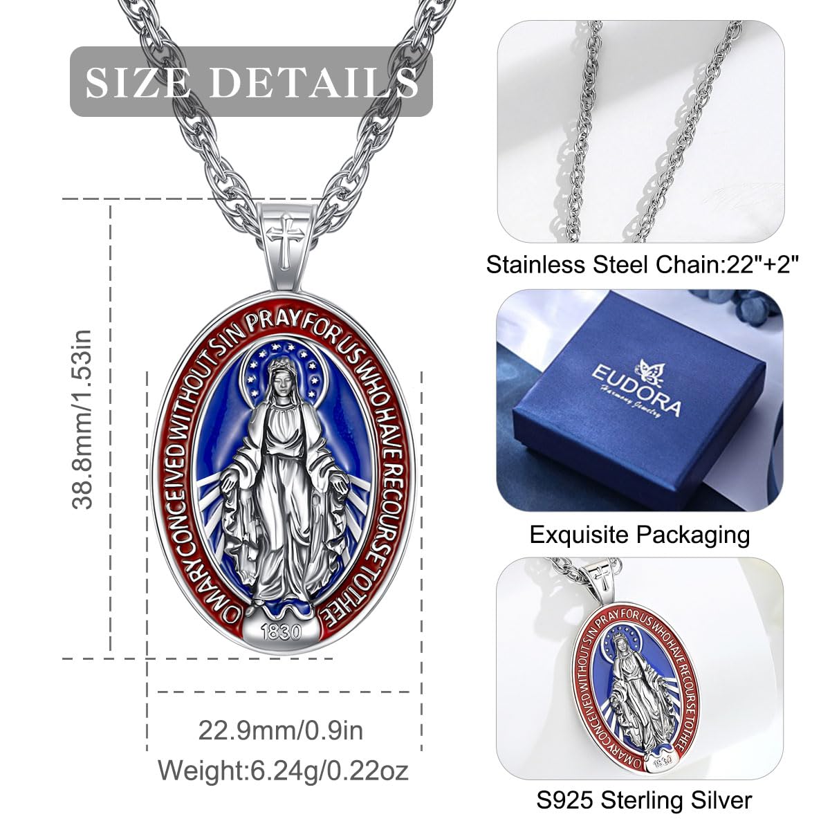 Collar Plata de Ley 925 Medalla de San Benito/Virgen María Medalla Milagrosa/San Cristóbal/Arcángel San Miguel/Crucifijo Cruz de Jesús/Colgante Joyería Regalo para Mujer Hombre