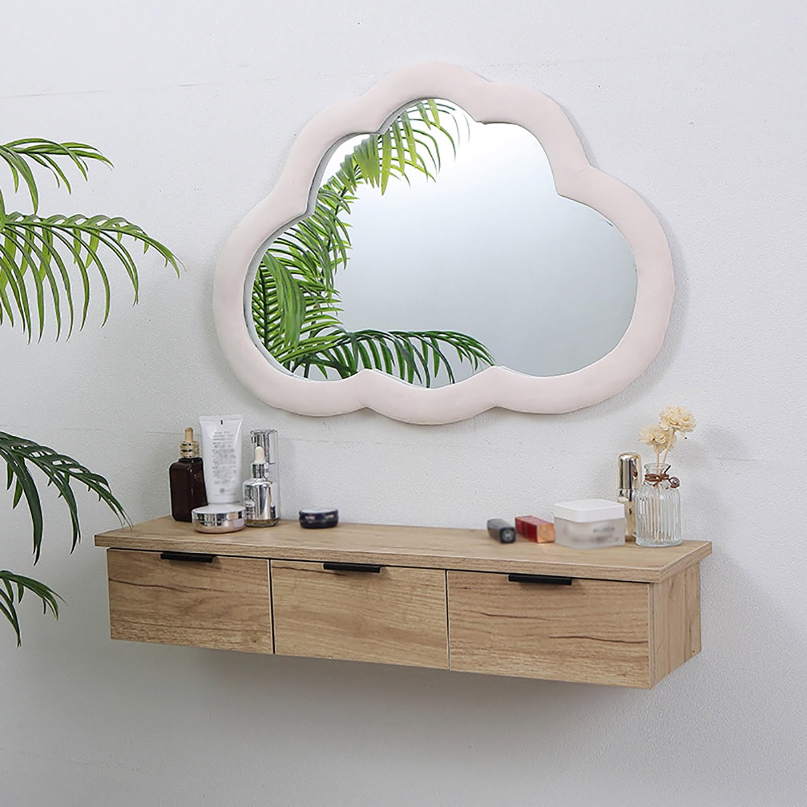 asdchZen Space-Saving Makeup Vanity Desk With Cloud Mirror, 3-Drawer Dressing Table, Stylish Vanity Set For Small Spaces-Modern Design,C