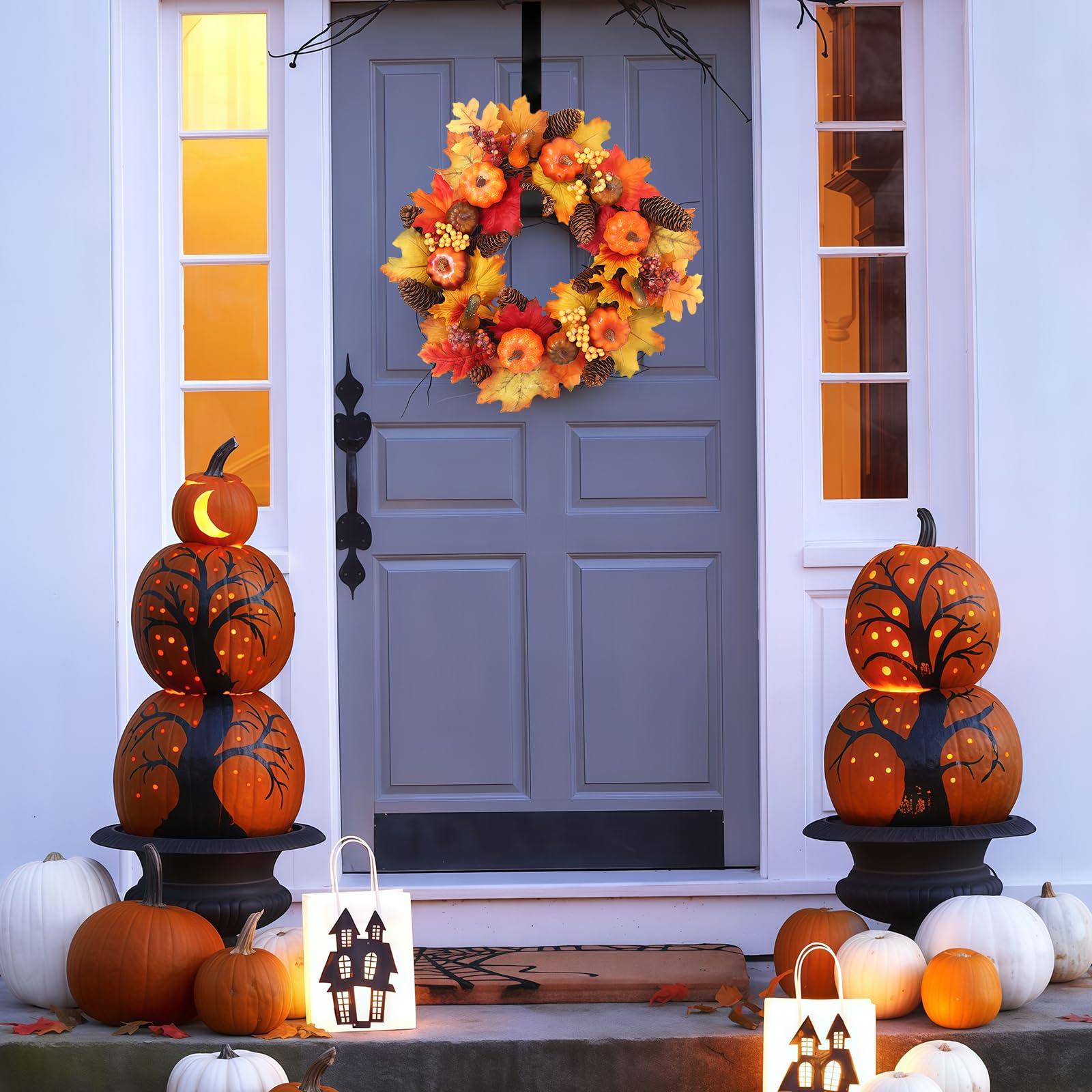 Corona de puerta para otoño exterior, 40 cm, calabazas con calabazas artificiales, hoja de arce, baya, piña, corona de otoño para puerta de casa, corona artificial de otoño, hoja de arce para