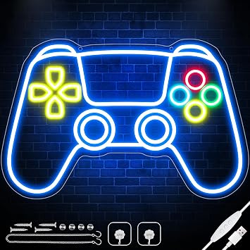 Gamer Neon Sign for Playroom Wall Decor 9 position Brightness Adjustable Gamepad Shape LED Neon Lights Signage Playroom Gifts for Young Boys and Kids 42.9cm U x 29.2cm G