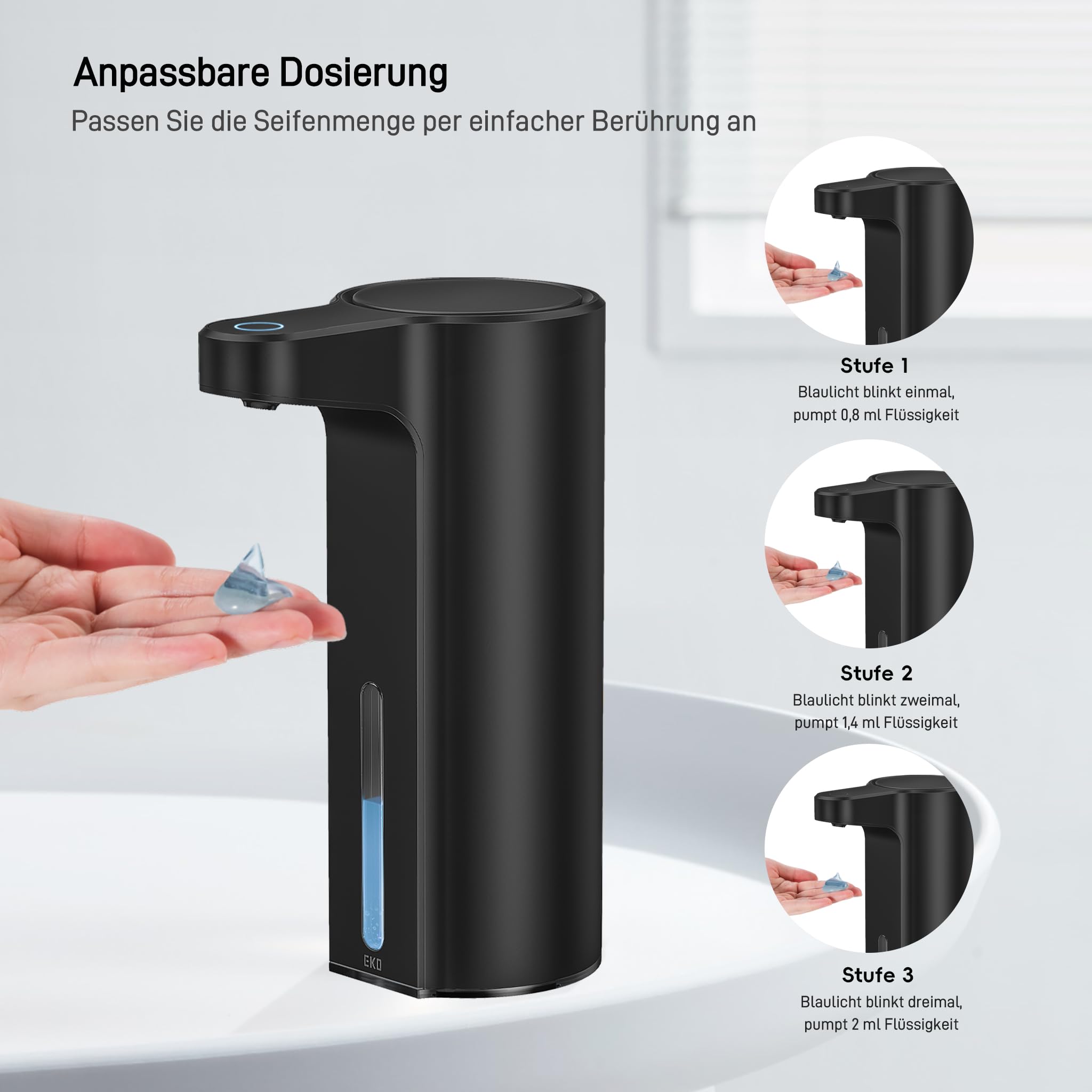 EKO Automatischer Seifenspender mit Sichtfenster, Spülmittelspender mit Infrarotsensor, 250 ml, USB-aufladbar, wasserdicht, einstellbare Dosierung, tropffrei, für Küche & Bad, Mattschwarz