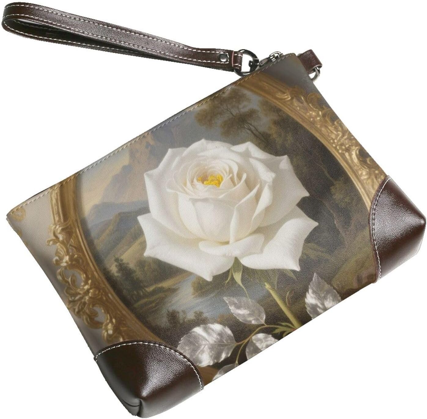 White Rose Leather Wristlet Wallet Clutch Purse for Women Handbags Travel Credit Card Holder Phone Bags