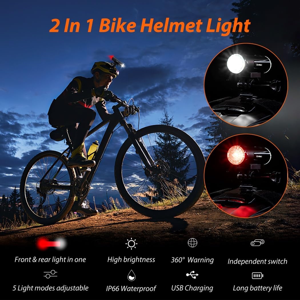Dual Front & Rear Light Cycling Helmet Light, 2-in-1 Bike Helmet Light, USB Rechargeable Riding Safety Light with 5 Modes & 360°Lighting Angle, 800Mah High-Capacity Battery