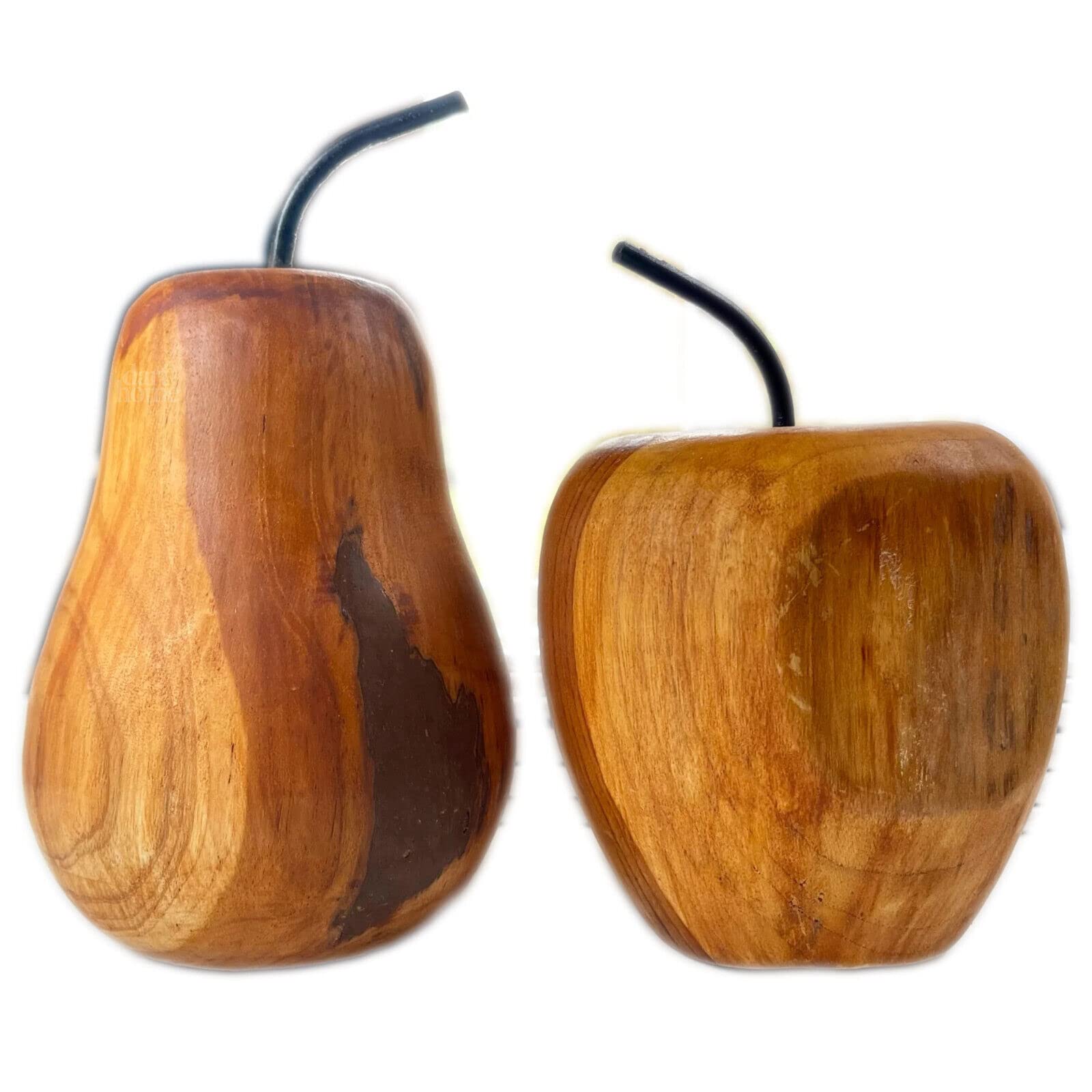 Darthome Teak Wood Apple & Pear Ornaments Hand Carved Rustic Fruit Sculptures Wire Stems
