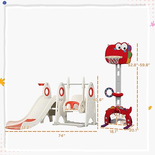 Miniatura 7 de Qaba Juego de tobogán y columpio 8 en 1 para niños pequeños con aro de baloncesto de altura ajustable, fútbol, golf, lanzamiento de anillos y juego