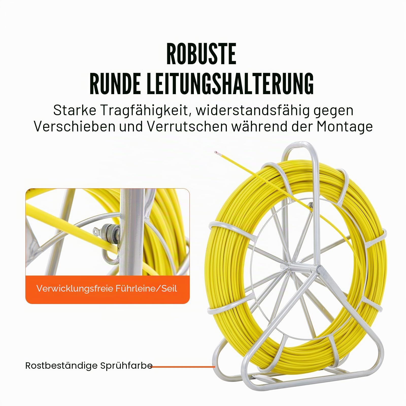 VEVOR Fiberglas Kabel Rad 150m Ø7,9mm Glasfaserstab inkl. Stahlhaspel Handschuhe Bremsgriff Metall-Zugköpfe Fischband -40℃ bis +80℃ Einziehhilfe Einziehband Einziehspirale