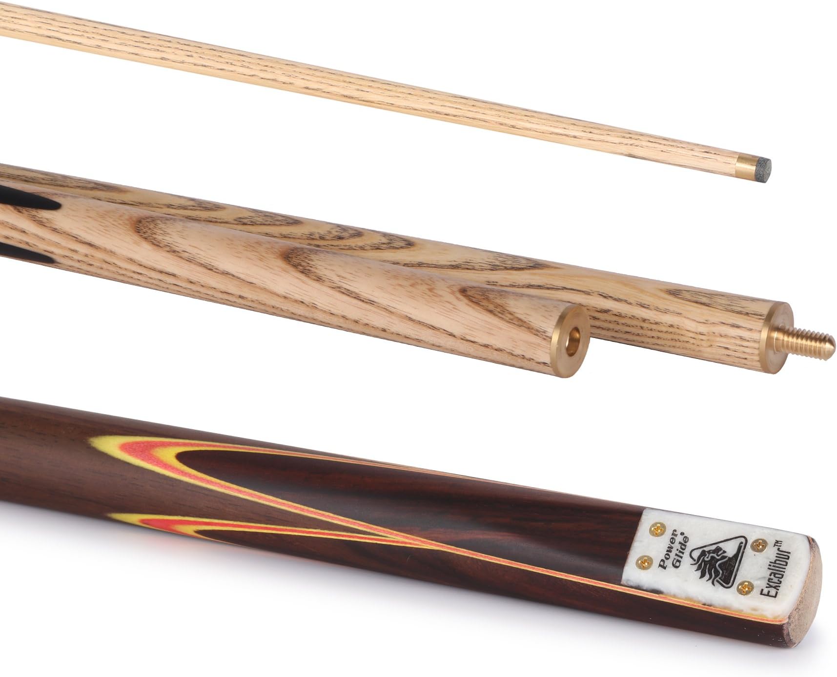 POWERGLIDE Excalibur | One 3-Piece English Pool Cue Stick | Hand-spliced Rosewood Butt with Coloured Veneers | Brass Joints | Assorted Weights | Full Size 57" | 8.5mm Tip