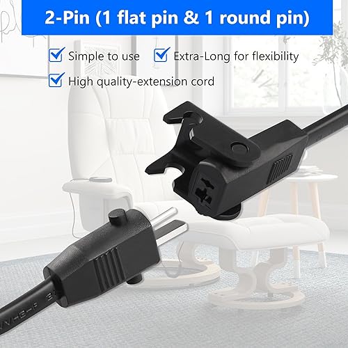 Miniatura 2 de Cable de extensión reclinable eléctrico de 6.6 pies, conector de 2 pines de repuesto para OKIN, Limoss, Lazboy, Pride, Catnapper