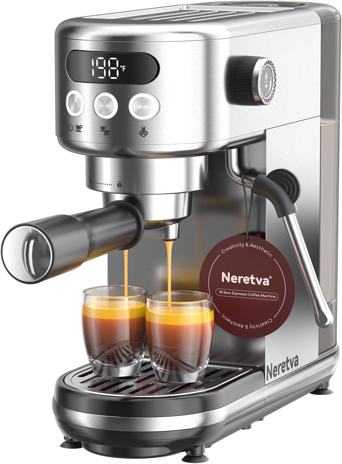 Neretva 20 Bar Espresso Machine With Milk Frothing Steam Wand Visible Temperature Display 44 Oz Detachable Water Tank For Home 1350w Coffee Machine Espresso Latte And Cappuccino Maker, Silver