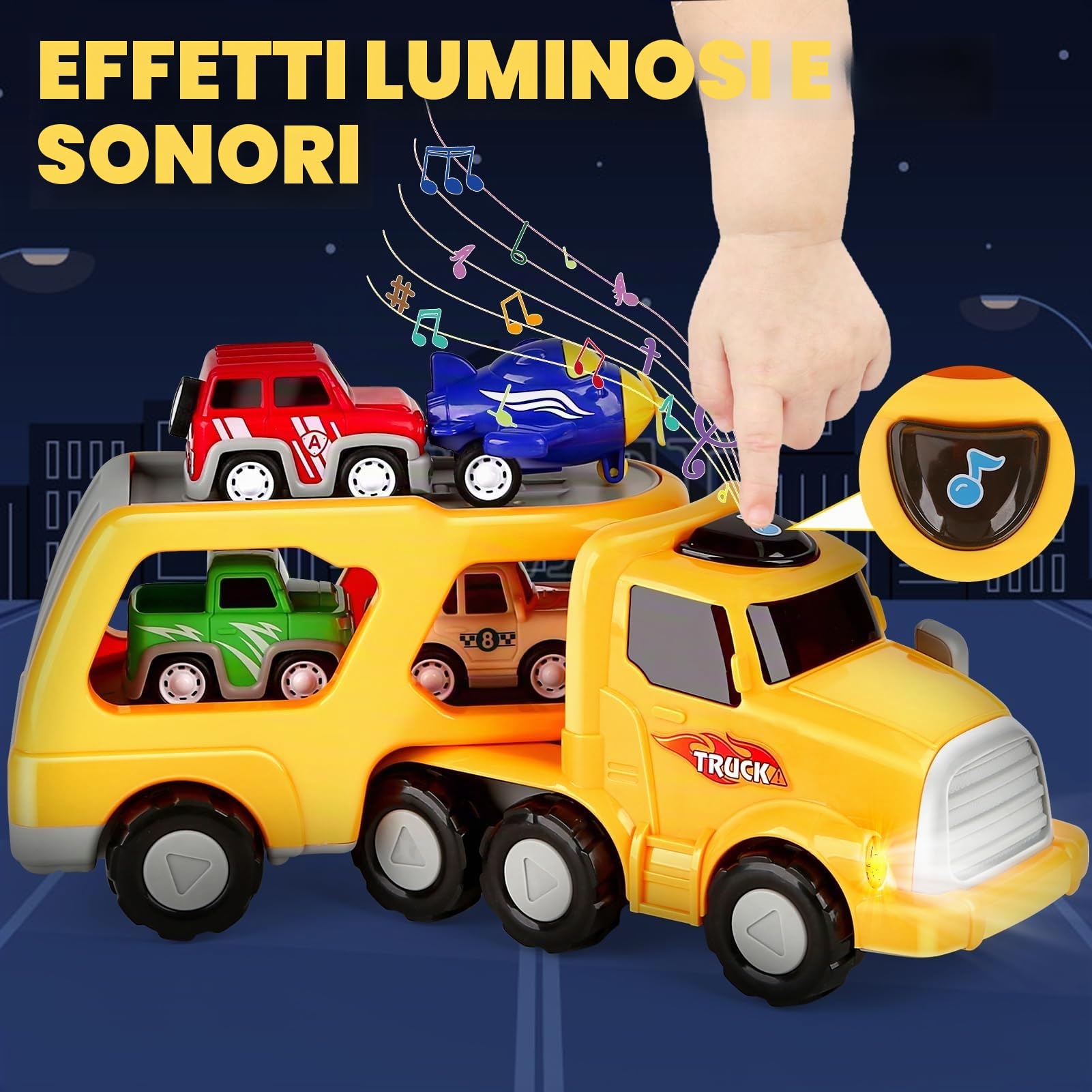 Aoskie Camion Macchinine 2 3 4 Anni, 5 in 1 con Suoni e Luci, 4 Mini Cars, Giocattolo Regalo per Bambino