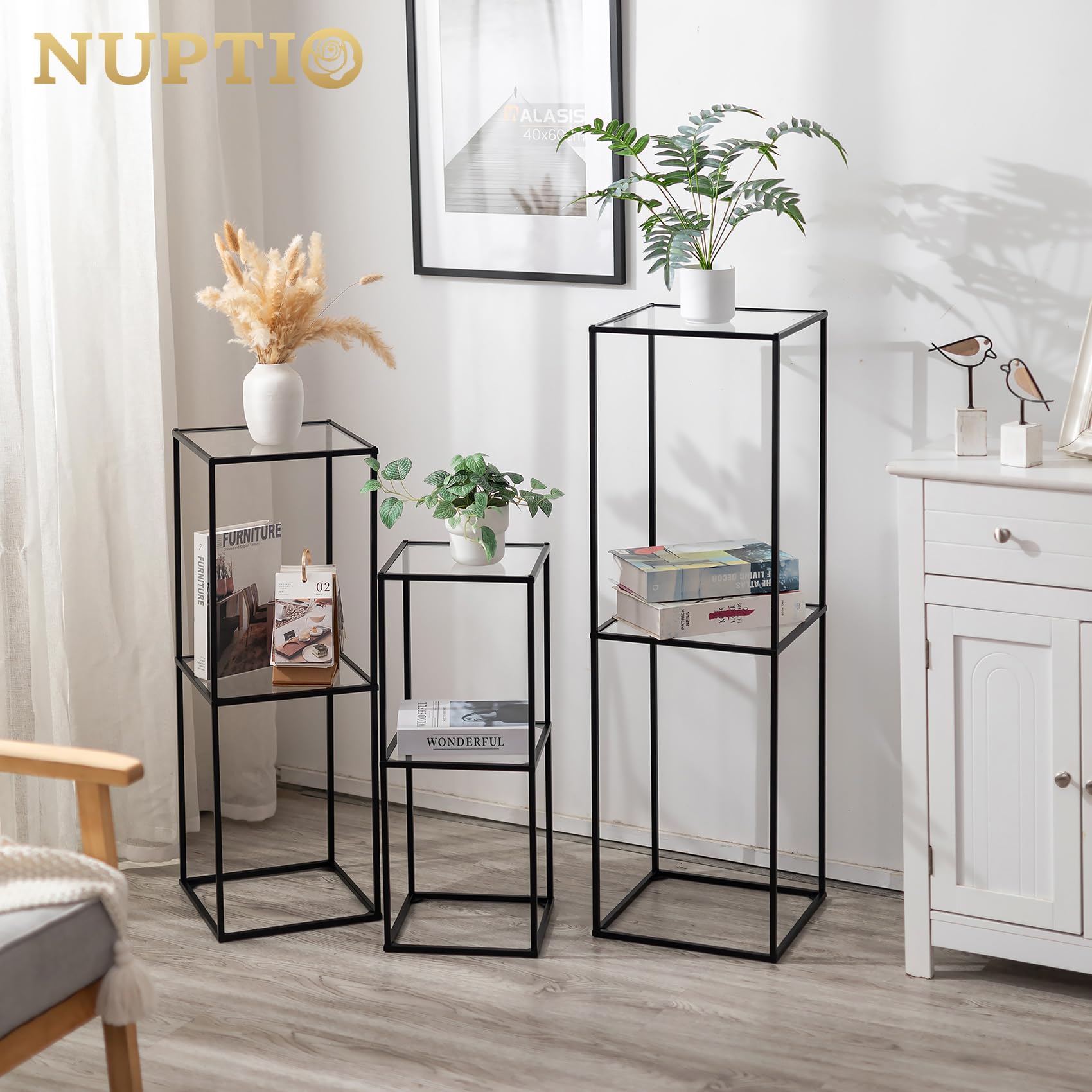 NUPTIO Centre de Table avec Panneau Acrylique, 60/80/100cm Haut, 2 Couches | 3 Pièces, Construction Métal, Support Fleurs, Noir Présentoir, Colonne pour Plantes, Mariage, Fêtes, Maison