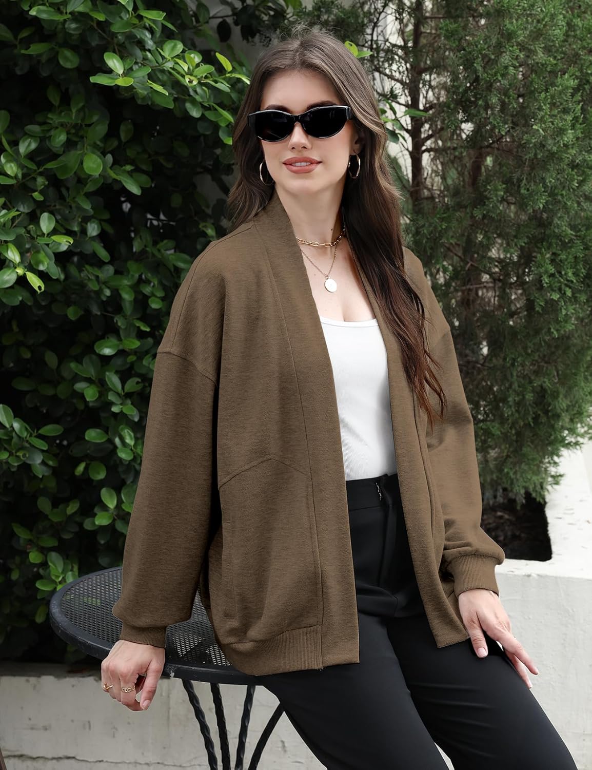 Wyeysyt Womens Sweatshirt Cardigan Lightweight Oversized Drop Shoulder Open Front Casual Cardigan - Image 6