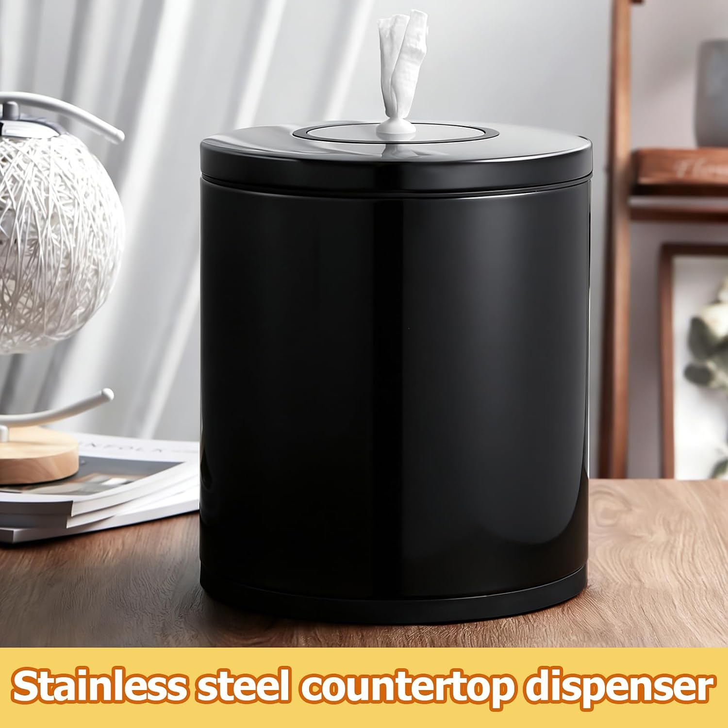 Tandefio Stainless Steel Countertop Wipe Dispenser Fits Wipes on Rolls 10 x 11.5 Inch Round Tissue Holder Refillable Tabletop Cylinder Container for Fitness Clubs Gym Schools Daycares (Black)