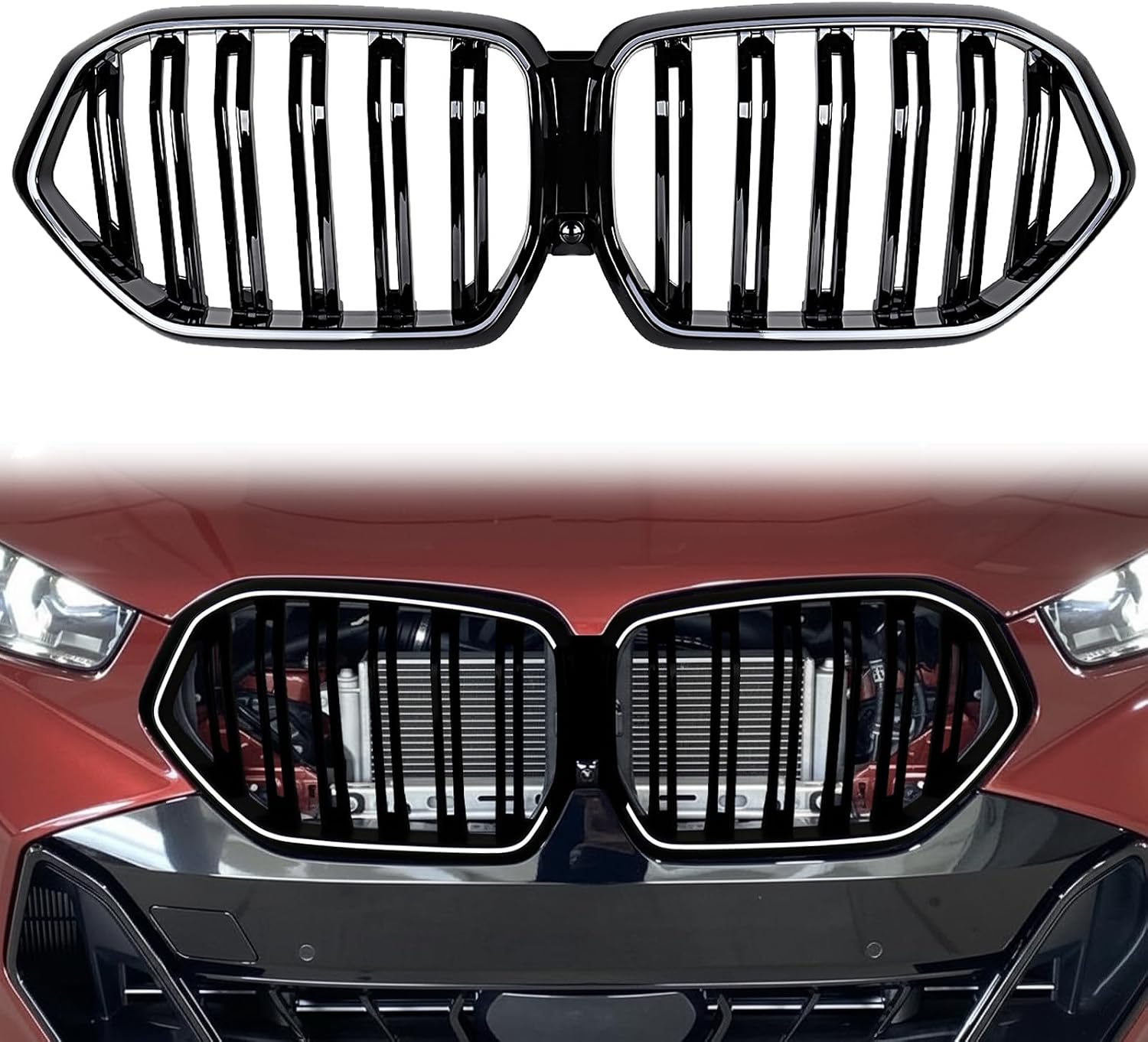 Astra Depot Glossy Black Double Line Kidney Grille w/White DRL Light Trim, Night Vision Hole Replacement for 2020-2023 BMW X6 G06 M50i xDrive40i sDrive35i xDrive50i | 51138745303, 51137481386