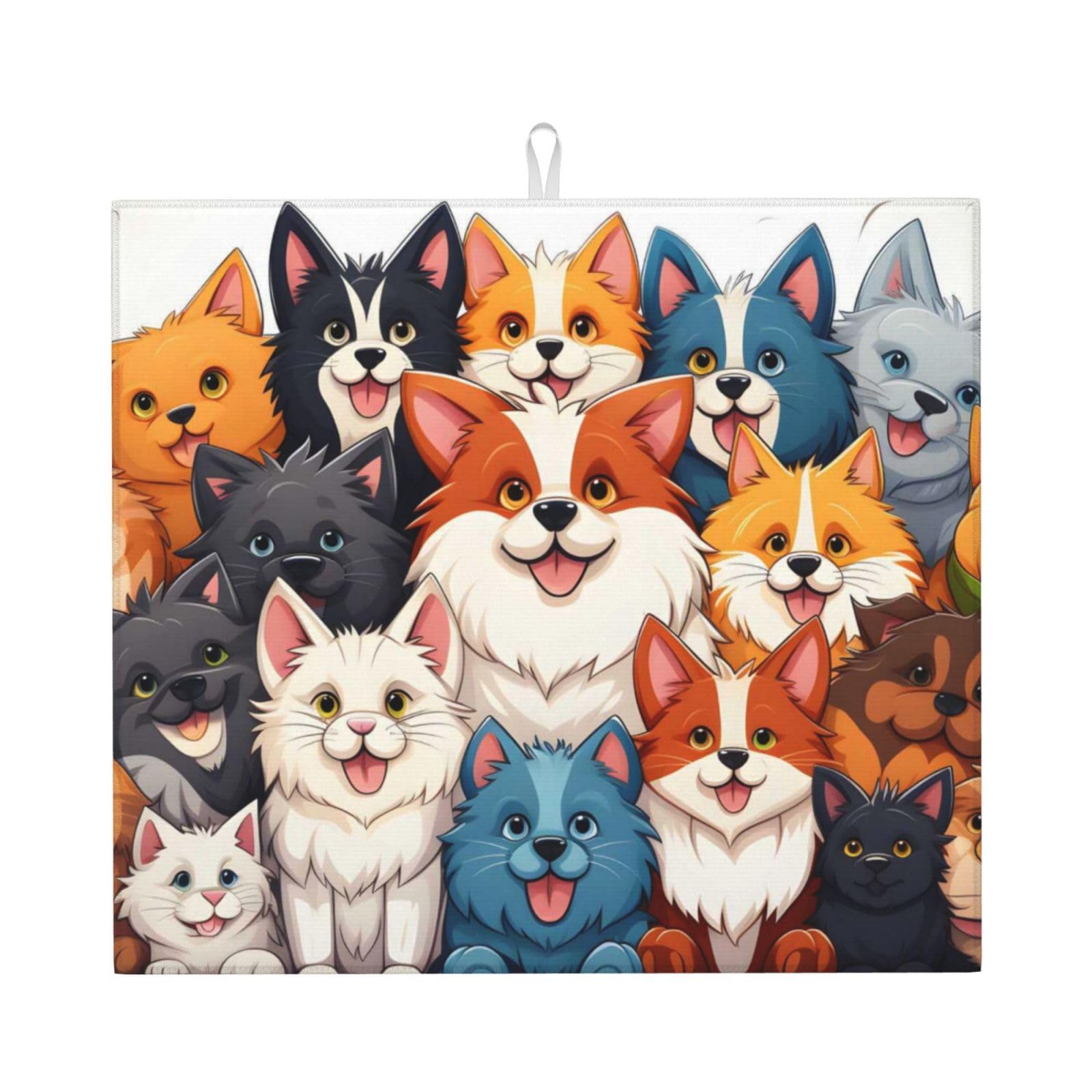 Dish Drying Mat for Kitchen Counter, A Bunch of Cute Dogs Super Absorbent Dish Rack Mats with Hanging Loop, 16 X 18 Inch