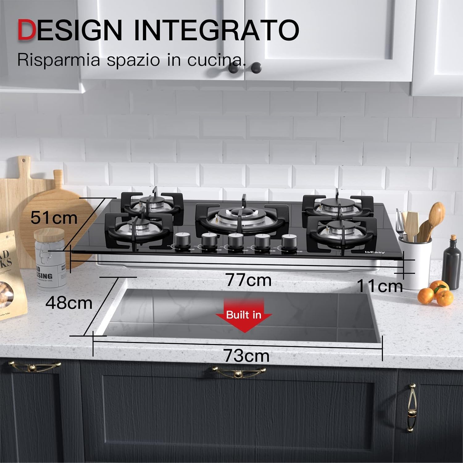 Piano cottura a gas 5 fuochi, piano cottura da incasso, gas metano/propano Piano cottura a gas 5 fuochi, piano cottura da incasso, gas metano/propano